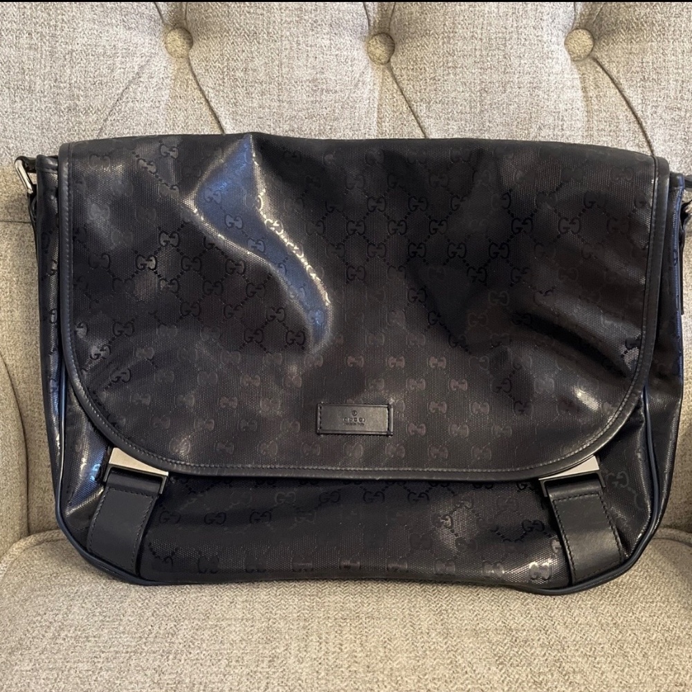 Gucci Navy Blue Imprime Monogram Double Buckle Flap Messenger Bag (AM1083860)